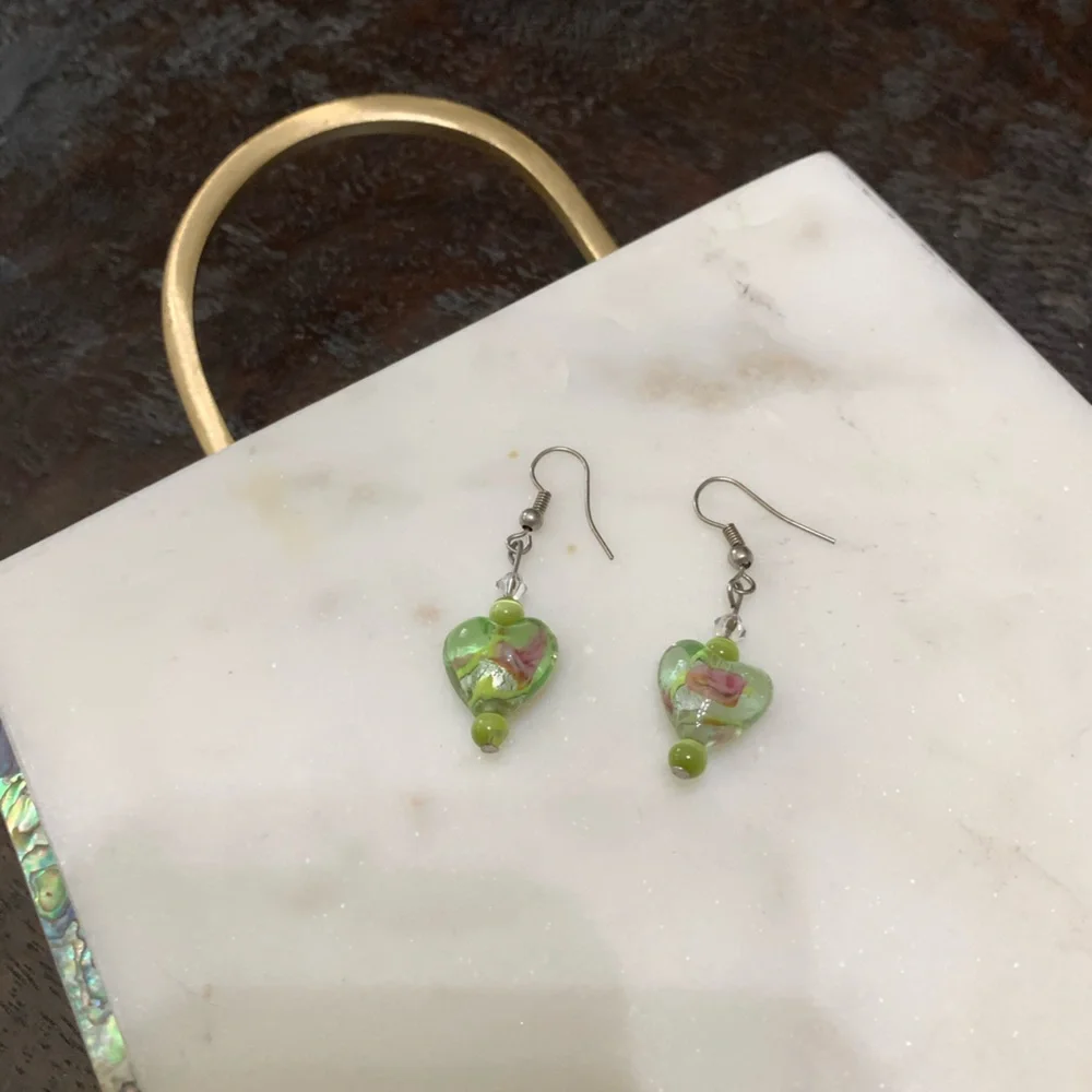 Artisan green glass heart with design